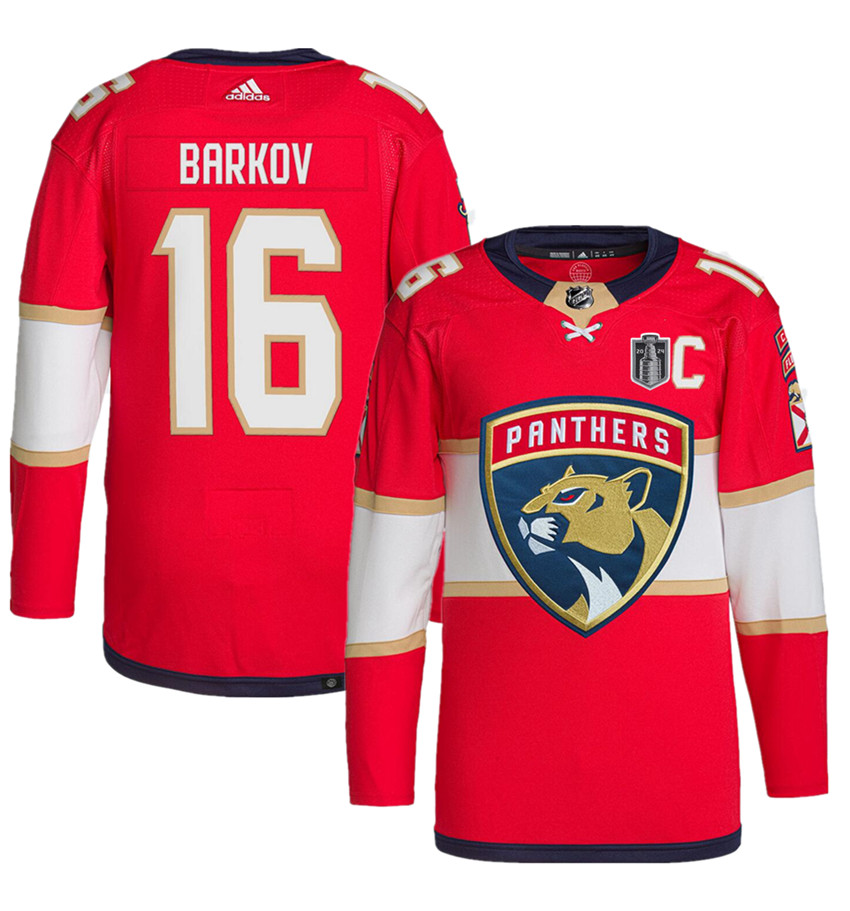 Men's Red Florida Panthers #16 Aleksander Barkov 2024 Stanley Cup Final Patch Stitched Jersey